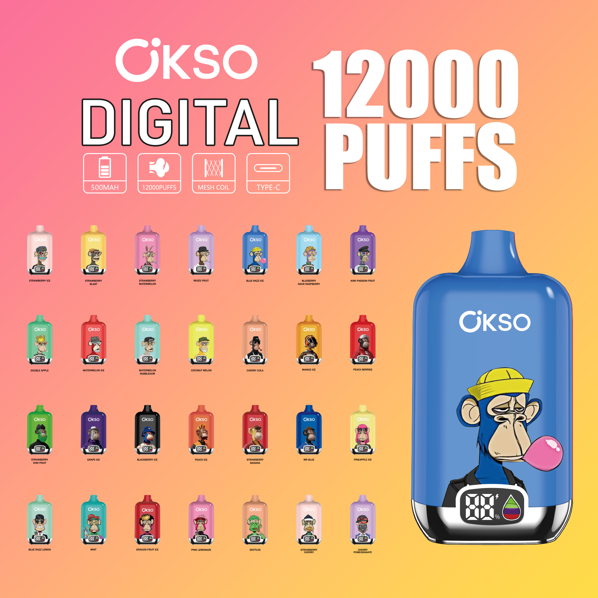 OKSO | 12000 Puffs Vape 20 Flavors Digital Disposable E-Cigarettes (Ship from China)